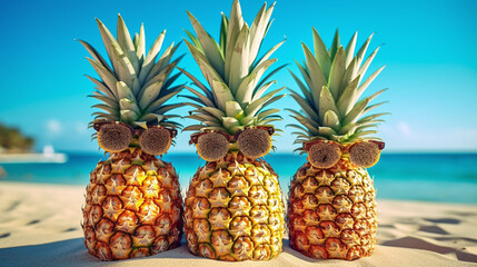 funny attractive pineapples in stylish sunglasses on the sand against turquoise sea. Generative Ai