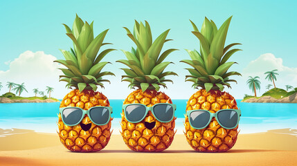 funny attractive pineapples in stylish sunglasses on the sand against turquoise sea. Generative Ai