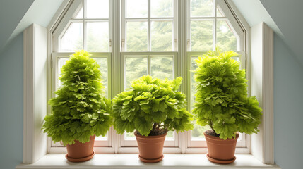 A group of pots of plants on a windowsill