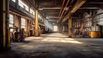 Naklejka na ściany i meble Abandoned ruined industrial building room inside interior. Generative Ai
