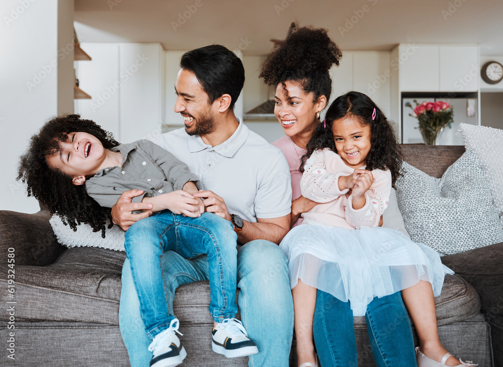 Sticker Mom, dad and children on sofa, playing and happy family bonding together in living room in Mexico. Smile, happiness and parents relax with kids on couch, quality time and fun in new home or apartment