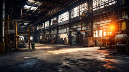 Fototapeta na wymiar Abandoned ruined industrial building room inside interior. Generative Ai