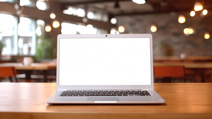 Laptop with blank screen on wooden table with blur cafe, restaurant backgrounds. Generative Ai