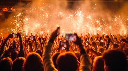 Applauding Fans recording Singer's Live Performance on Smoke-Filled and Illuminated Stage at Concert with Smartphones. Generative Ai