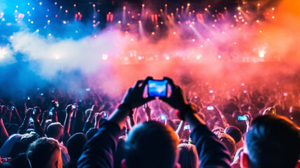 Fototapeta na wymiar Applauding Fans recording Singer's Live Performance on Smoke-Filled and Illuminated Stage at Concert with Smartphones. Generative Ai
