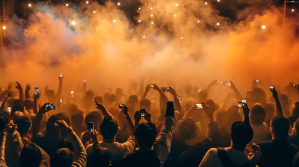 Fototapeta na wymiar Applauding Fans recording Singer's Live Performance on Smoke-Filled and Illuminated Stage at Concert with Smartphones. Generative Ai