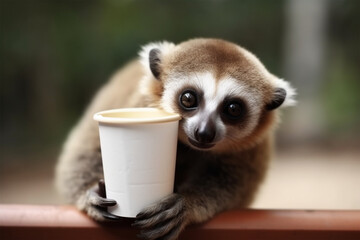 Generative AI.
a slow loris holding a coffee cup - obrazy, fototapety, plakaty