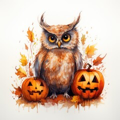 an owl with pumpkins - halloween illustration created using generative AI tools