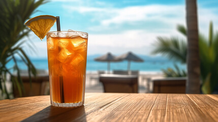 Summer drink with blur beach on background. Generative Ai