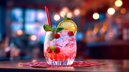 Pink and red Fresh colorful exotic alcoholic cocktail with lemon and ice. Colorful pink Soft drink with ice on the bar desk. Red colorful Mojito. Generative Ai - obrazy, fototapety, plakaty