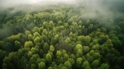 Naklejka na ściany i meble Aerial view of green forest in foggy morning. Drone photo.