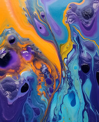 Orange yellow, dark blue and dark purple bubble oil. Full frame of multi size oil droplet. Generative AI.