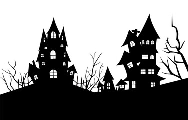 Fototapeta na wymiar Houses and trees on white background of black silhouettes style. Haunted houses or spooky village for background, banner and header. Vector illustration for halloween concept.