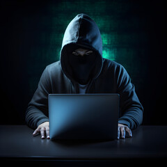 Anonymous hacker without face typing computer laptop. Concept of hacking cybersecurity, cybercrime, cyberattack