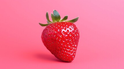 A single strawberry on a red background. Created with generative AI.
