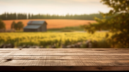Fototapeta na wymiar The empty wooden brown table top with blur background of farm and barn. Exuberant image. Generative Ai