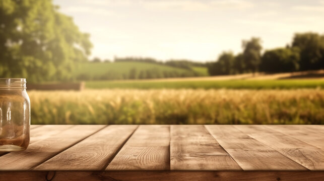 The empty wooden brown table top with blur background of farm and barn. Exuberant image. Generative Ai