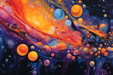 illustrated digital drawing and painting abstract of Orange yellow, dark blue and dark purple bubble oil. Full frame of multi size oil droplet. Generative AI.