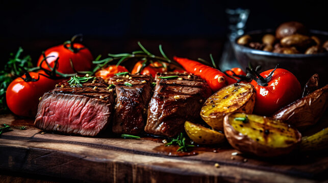 Succulent thick juicy portions of grilled fillet steak served with tomatoes and roast vegetables on an old wooden board. Generative AI