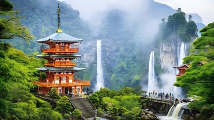 Japan landscape scenic view of red hall perched on rock cliff - ai generated