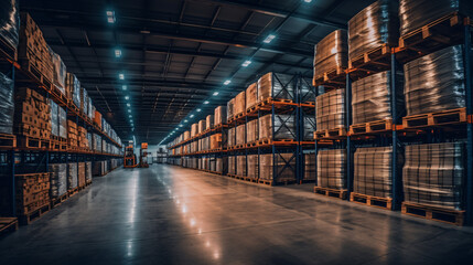 Typical storage, warehouse interior. Selective focus. Toned collage. Wide panoramic image. Industrial background. Generative Ai