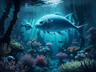 Fototapeta na wymiar Underwater coral reef landscape wide 2to1 panorama background - AI generated