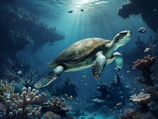 Obraz premium Underwater coral reef landscape wide 2to1 panorama background - AI generated