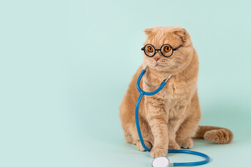Doctor cat, veterinarian. Cute funny cat with glasses and a stethoscope looking at copy space....