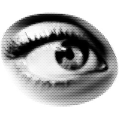 Retro halftone collage eye for use in mixed media designs. Dotted pop art style open human eye with half-tone texture. Vector illustration of vintage grunge punk crazy art stencils.