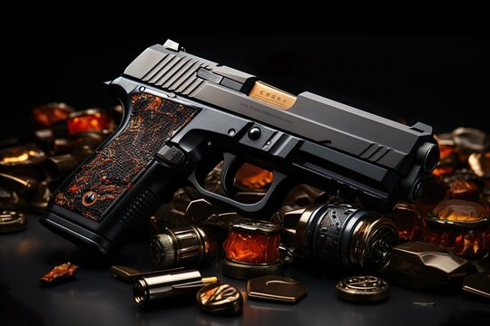 Black 9mm cabot gun, pistol, bullets, defense, military, ai generated