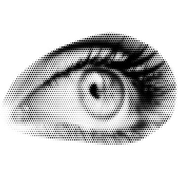 Retro halftone collage eye for use in mixed media designs. Dotted pop art style open human eye with half-tone texture. Vector illustration of vintage grunge punk crazy art stencils.