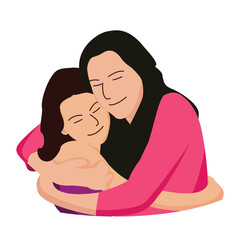 Mother cuddles, hugs, and adores her child, daughter, cute simple flat drawing for greeting card design