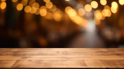 Wooden board empty table in front of blurred background. Generative Ai