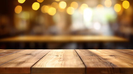 Wooden board empty table in front of blurred background. Generative Ai