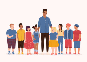 Fototapeta premium One Smiling Black Male Teacher With A Racial Diversity Group Of Happy Kids With Different Skin Tones, Hair Styles And Body Sizes Standing Together. Full Length. Flat Design Style, Character, Cartoon