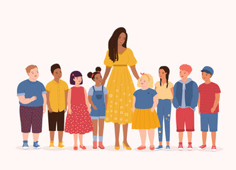One Smiling Black Female Teacher With A Racial Diversity Group Of Happy Kids With Different Skin Tones, Hair Styles And Body Sizes Standing Together. Full Length. Flat Design Style, Character, Cartoon