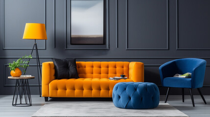 Orange tufted sofa and dark blue armchair and pouf. Interior design of modern living room