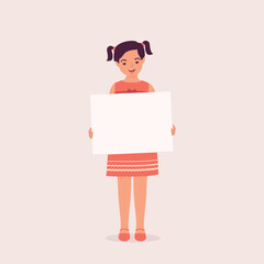One Smiling Little Girl Standing And Holding A Blank Empty Sign With Face Looking In Front. Full Length. Flat Design Style, Character, Cartoon.