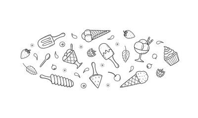 Ice cream and berries set of doodle icons. Vector illustration of summer desserts popsicles, ice cream in waffle cones, strawberry cherry raspberry mint blueberry.