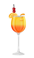 Vector illustration of an orange cocktail with a slice of citrus fruits and a straw on a white background in a flat style. Suitable for menu design, food stickers, scrapbooking.