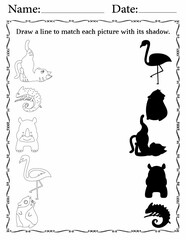 Printable Matching Activity sheet for Kids | Kindergarten Activity Worksheets for Fun | Match Animals to Their Shadows