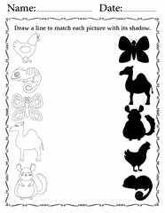 Matching Activity Pages for Kids | Preschool Activity Worksheets for Fun | Match Animals to Their Shadows