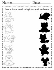 Matching Activity sheet for Kids | Preschool Activity Worksheets for Fun | Match Animals to Their Shadows
