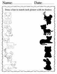 Printable Matching Activity Pages for Kids | Preschool Activity Worksheets for Fun | Match Animals to Their Shadows