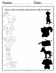 Fototapeta na wymiar Matching Activity sheet for Kids | Matching Activity Worksheets for Homeschooling | Match Animals to Their Shadows