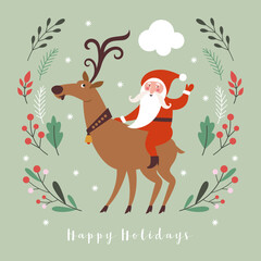 Santa Claus and Christmas deer. Christmas illustration, christmas card