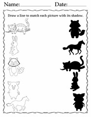 Obraz premium Printable Matching Activity Pages for Kids | Matching Activity Worksheets for Critical Thinking | Match Animals to Their Shadows