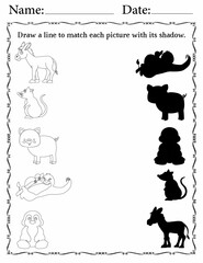 Printable Matching Activity sheet for Kids | Matching Activity Worksheets for Critical Thinking | Match Animals to Their Shadows