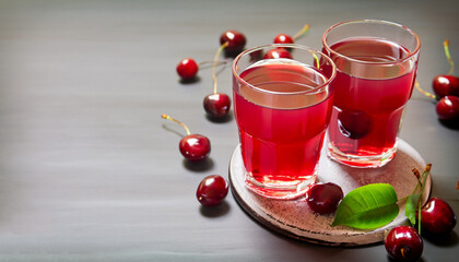 Glass of sour cherry juice with fresh red cherries, summer juice