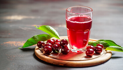 Glass of sour cherry juice with fresh red cherries, summer juice - obrazy, fototapety, plakaty